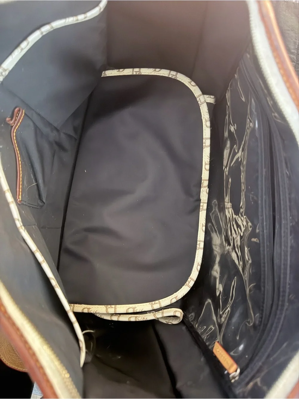 Dooney & Burke Monogram Leather Baby Bag in Cream and Tan